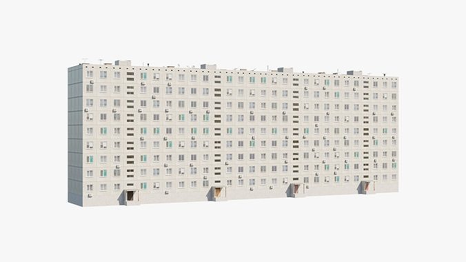 Soviet Panel Apartment Building with four entrances Low-poly 3D model