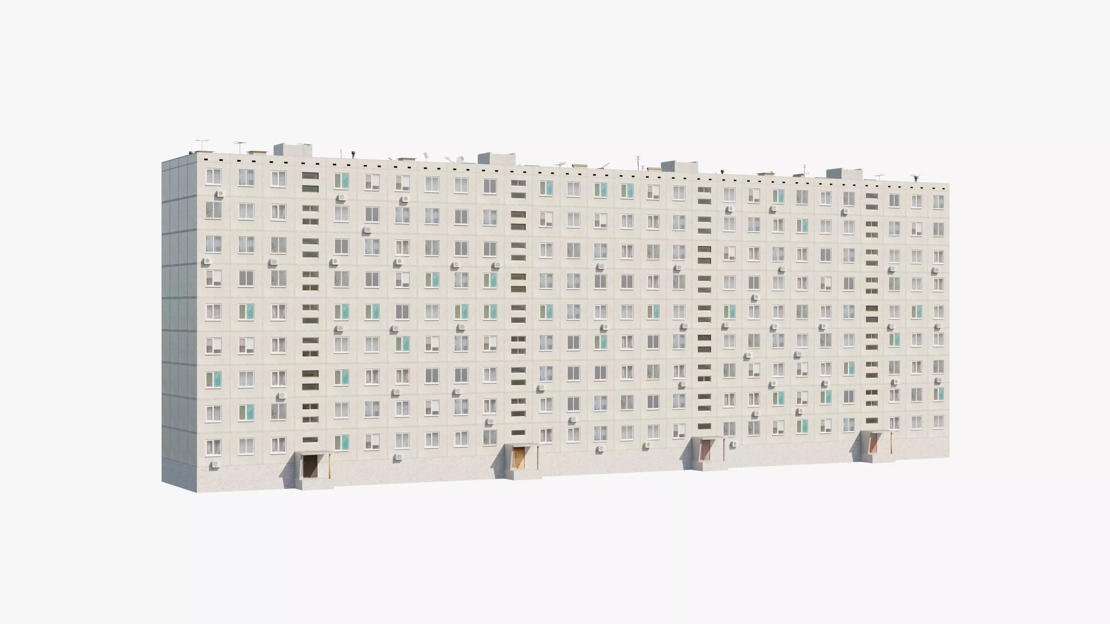 Soviet Panel Apartment Building with four entrances Low-poly 3D model_0