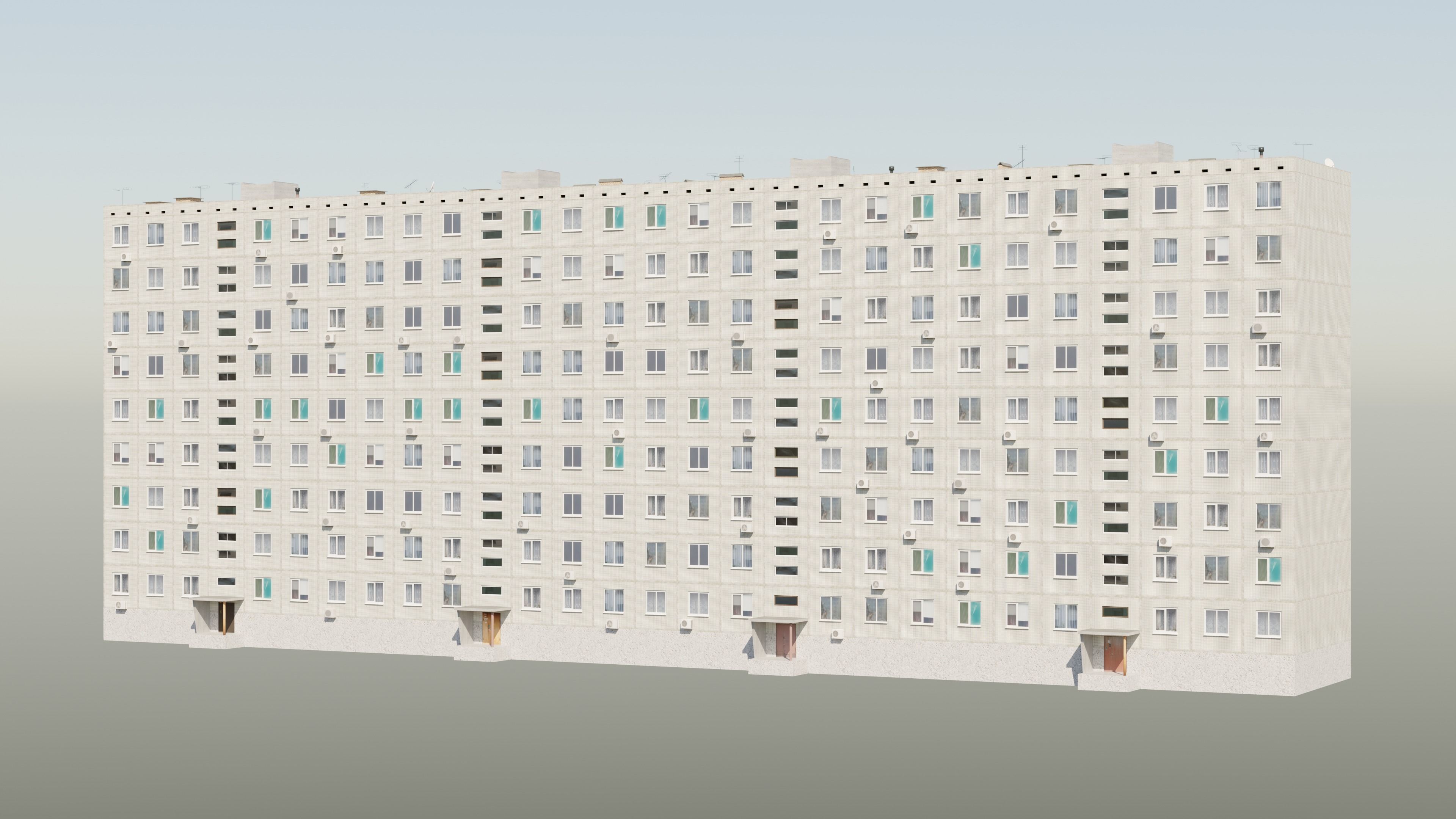 Soviet Panel Apartment Building with four entrances Low-poly 3D model_2