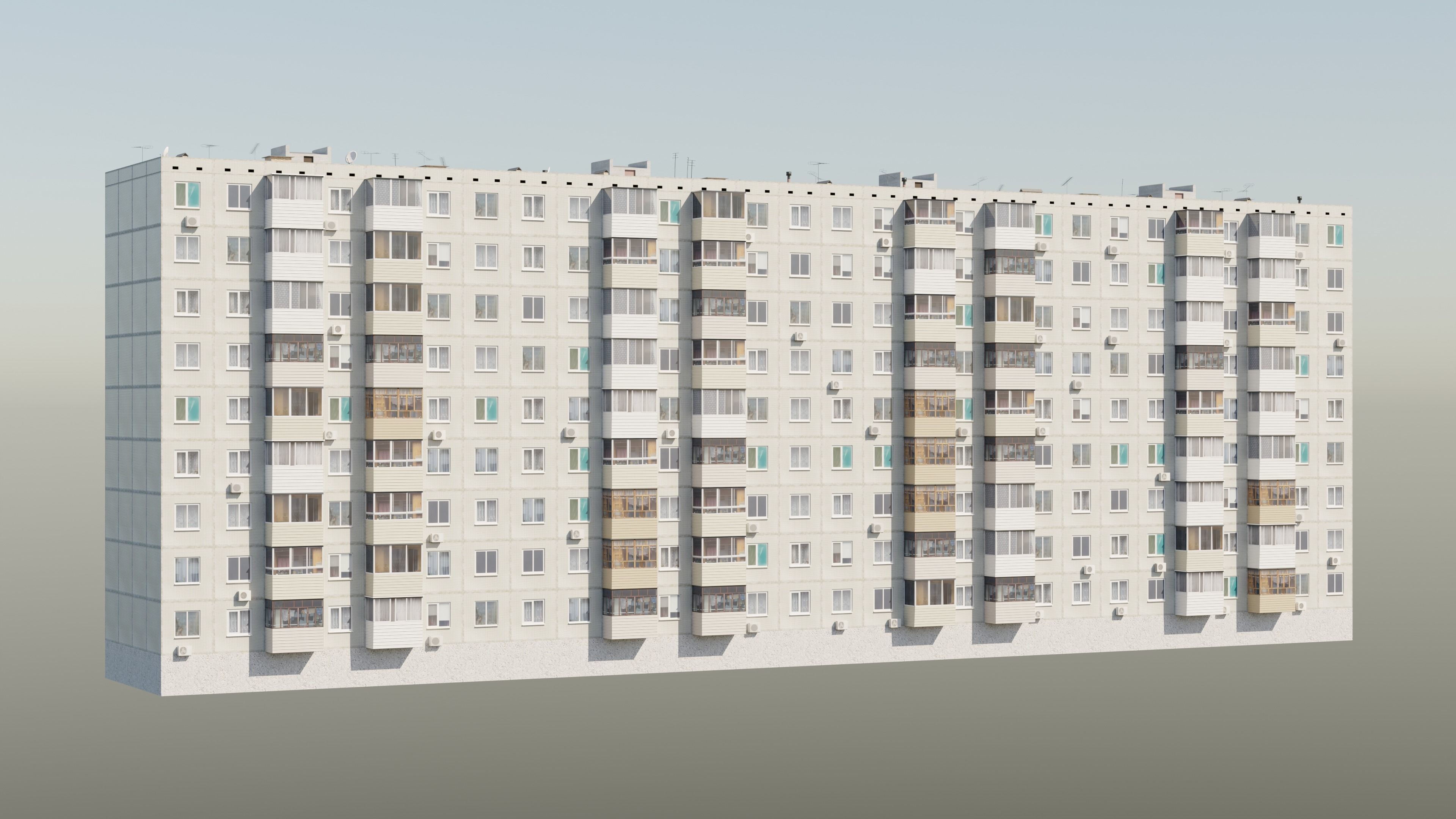 Soviet Panel Apartment Building with four entrances Low-poly 3D model_3