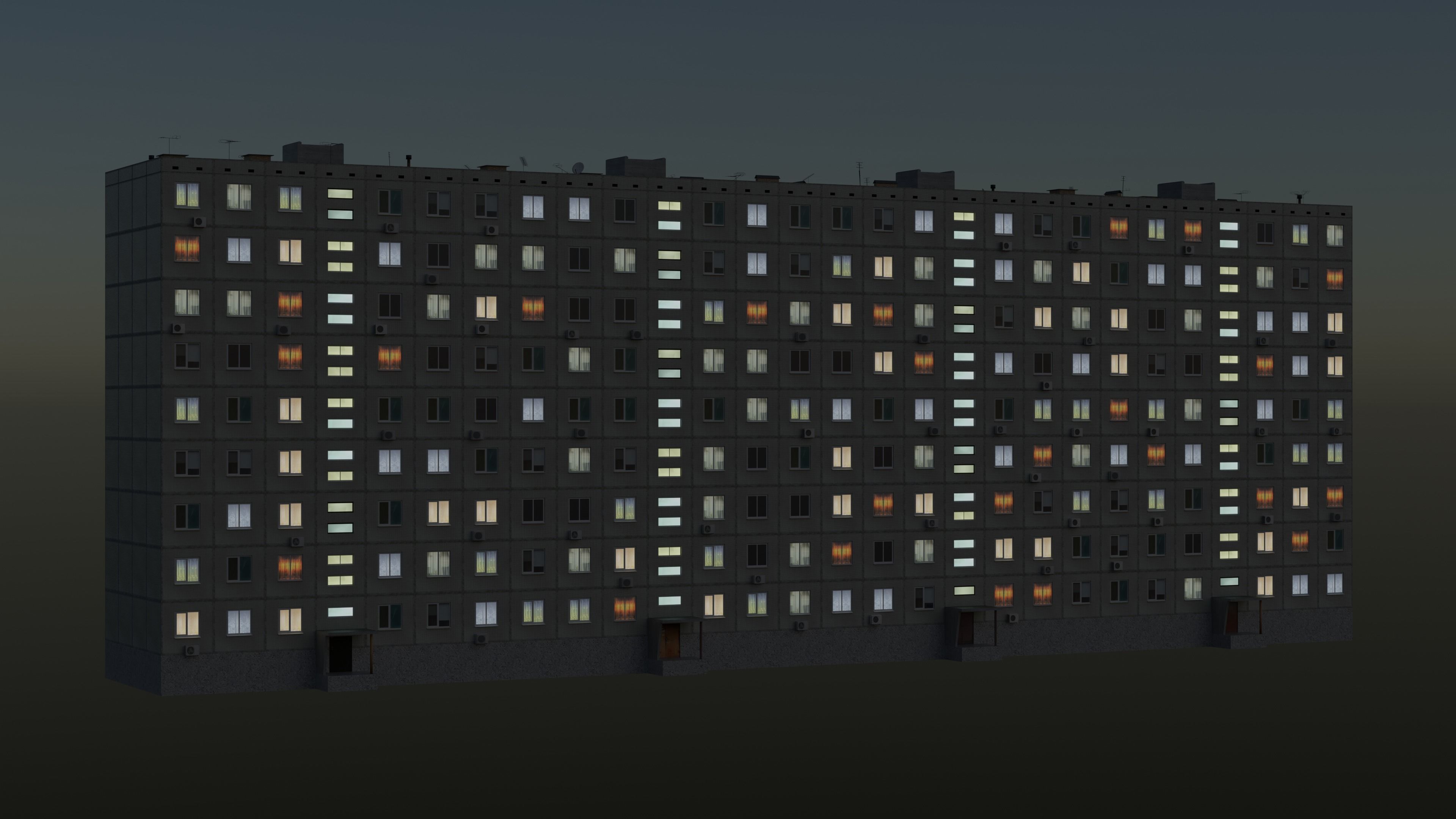 Soviet Panel Apartment Building with four entrances Low-poly 3D model_5
