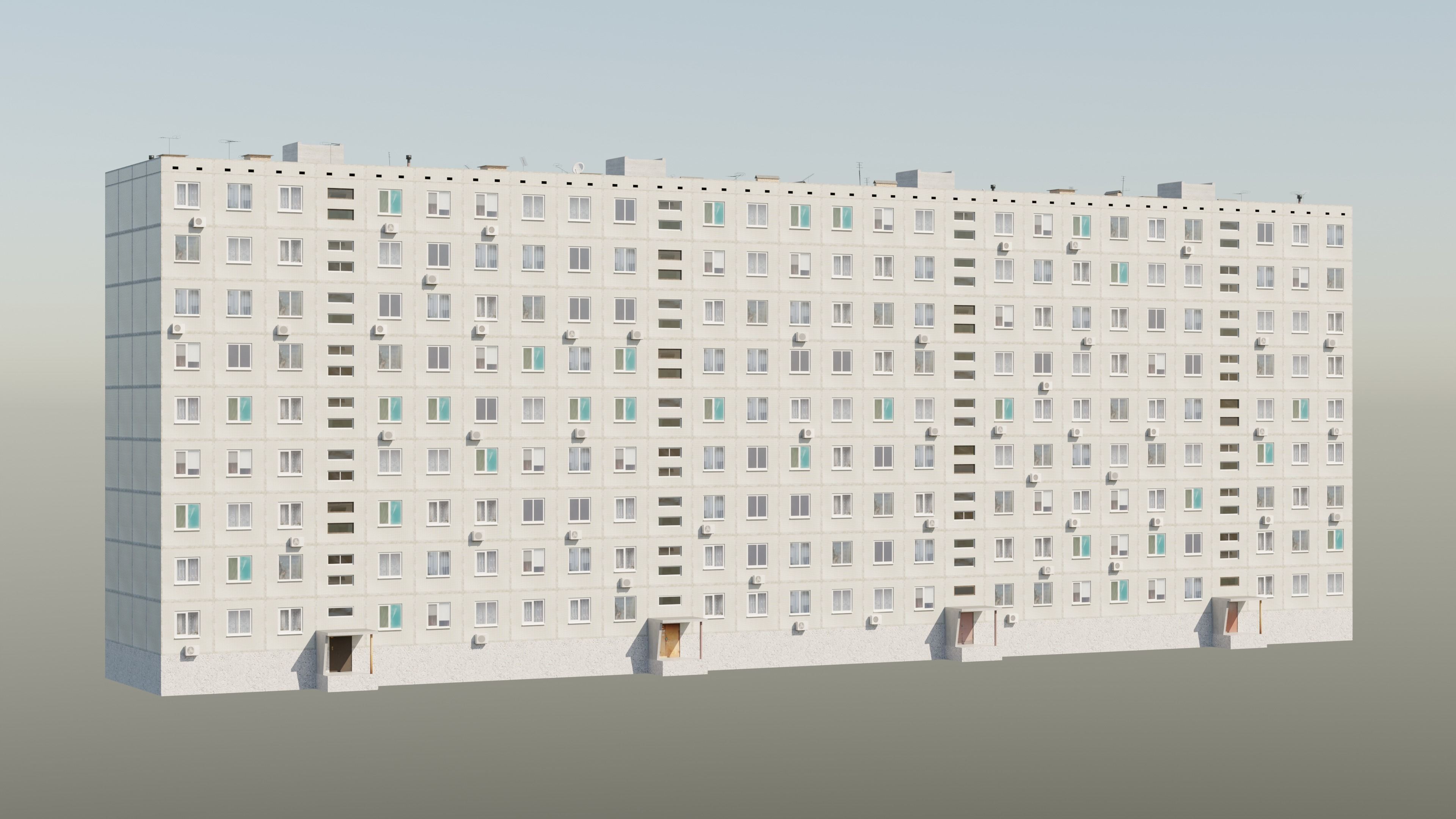 Soviet Panel Apartment Building with four entrances Low-poly 3D model_1