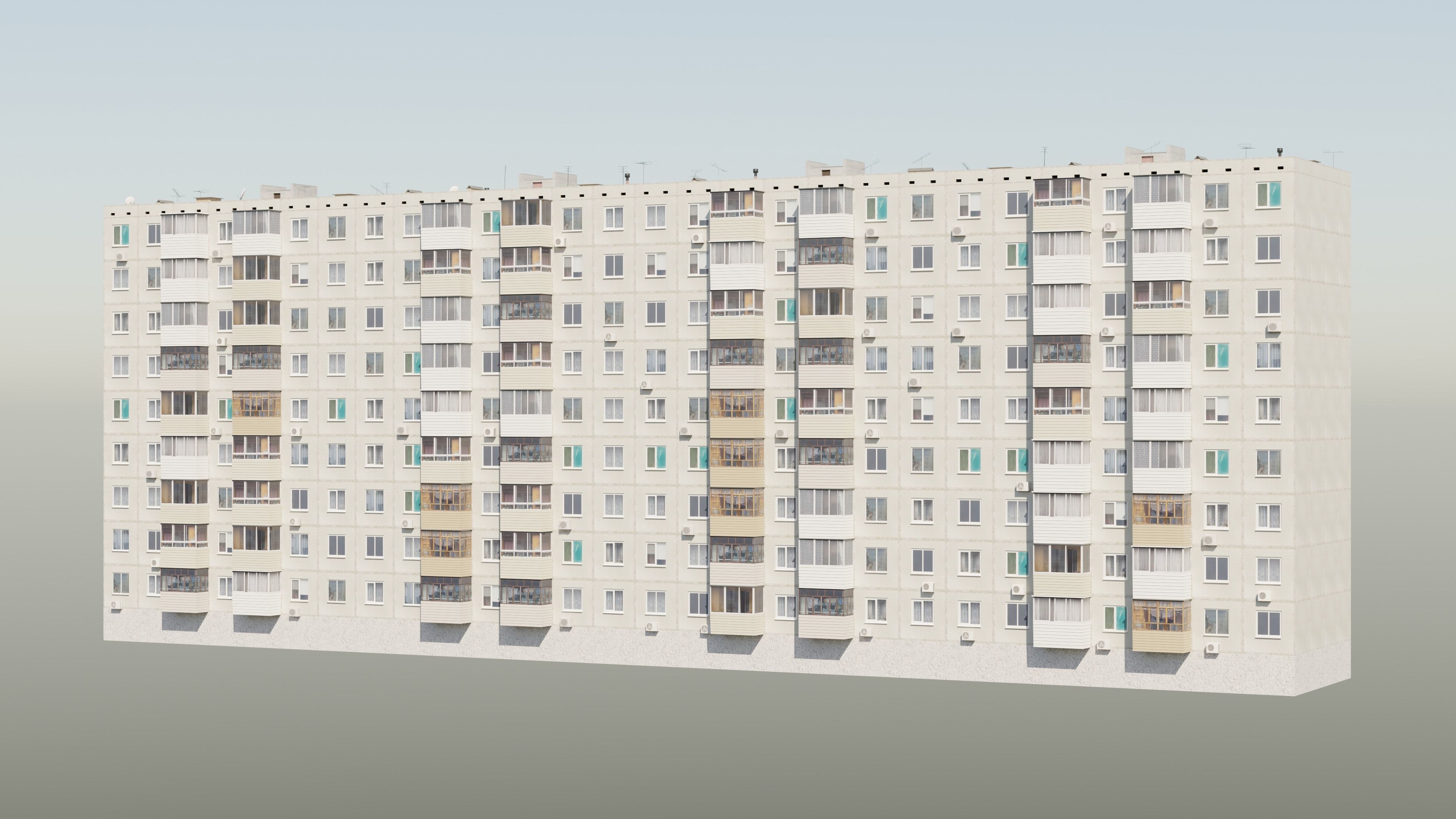 Soviet Panel Apartment Building with four entrances Low-poly 3D model_4
