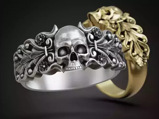 Skull ring baroque floral scrolls
