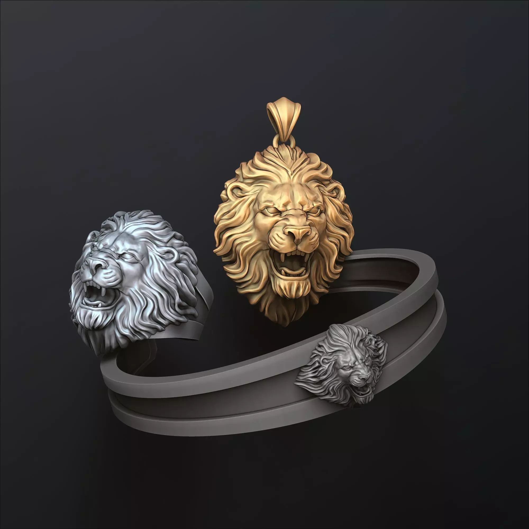 Lion Ring Pendant Bracelet v2 Set Collection 3D print model_0