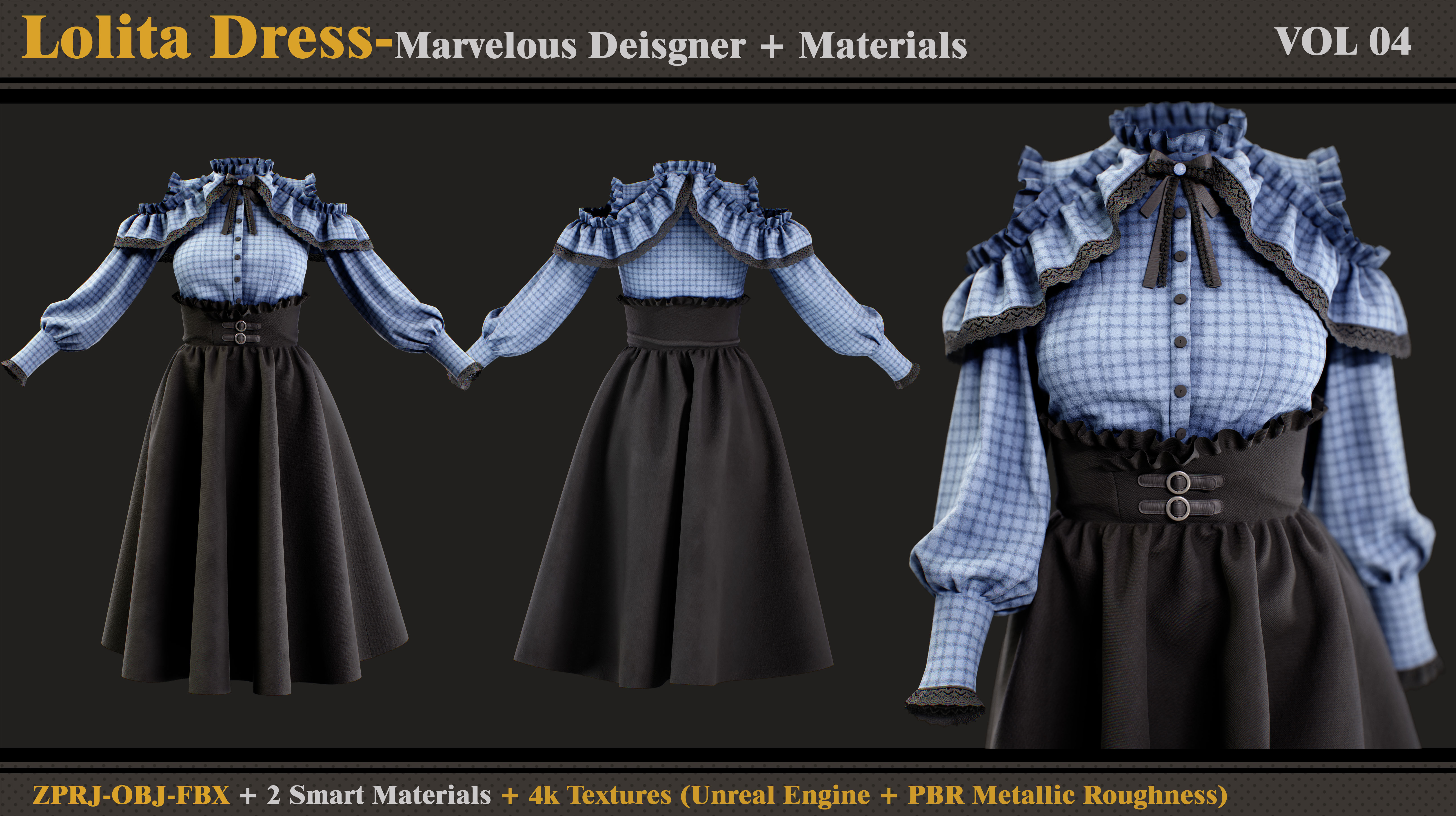 Lolita Dress -MD-Clo3d- Smart Material- Textures- OBJ- FBX 3D model_1