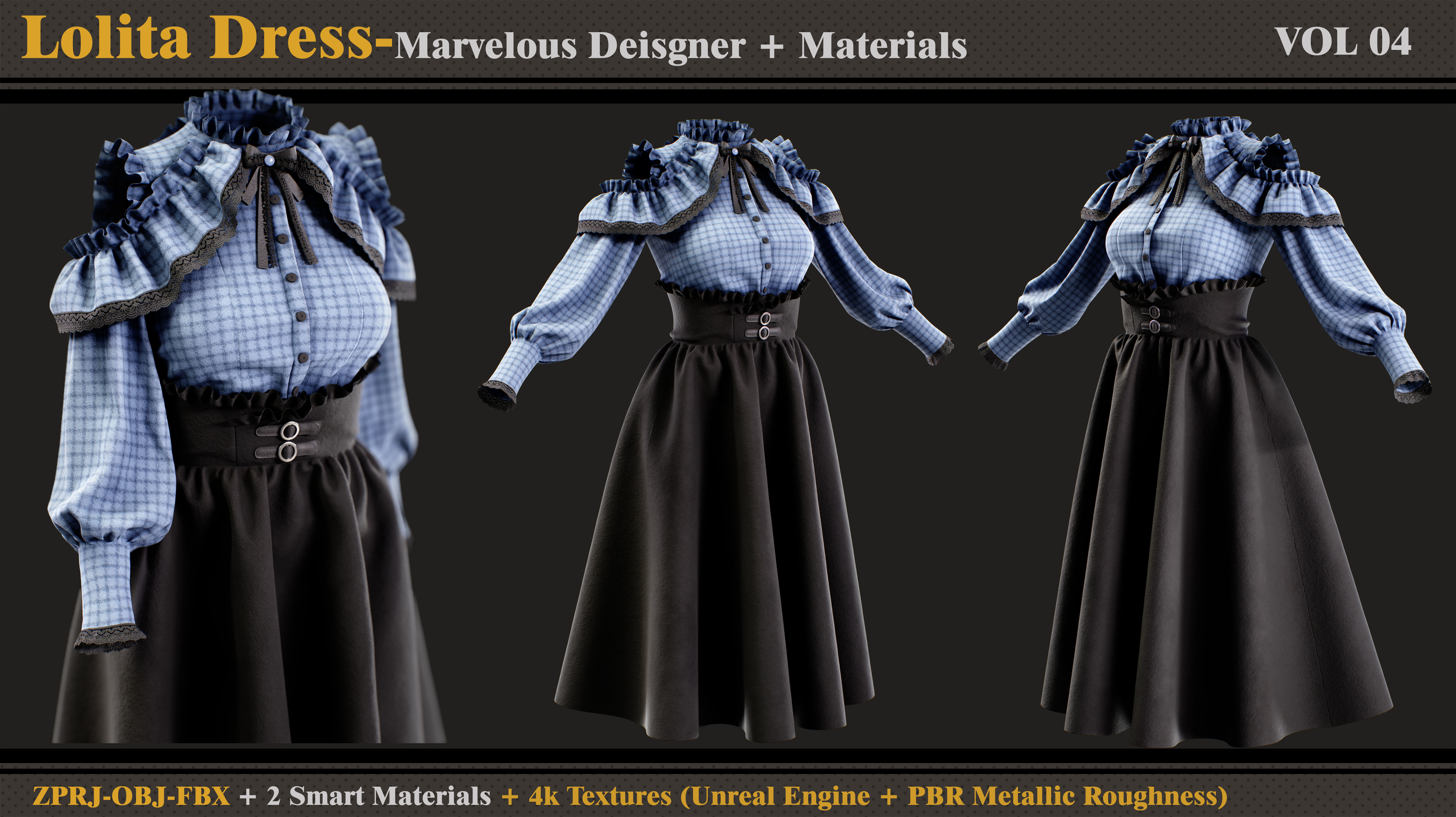 Lolita Dress -MD-Clo3d- Smart Material- Textures- OBJ- FBX 3D model_2