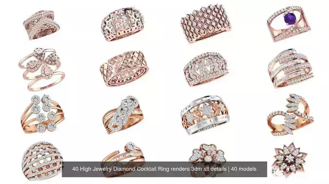 40 High Jewelry Diamond Cocktail Ring renders 3dm stl details