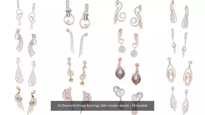 14 Diamond Drops Earrings 3dm render details 3D Model Collection