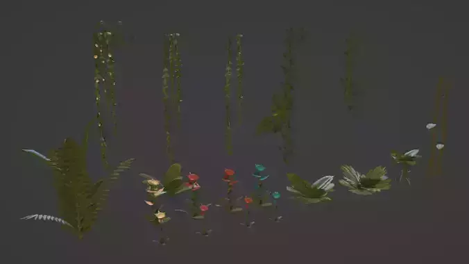 Low Poly Jungle Plants Hanging Ivy and Flowers