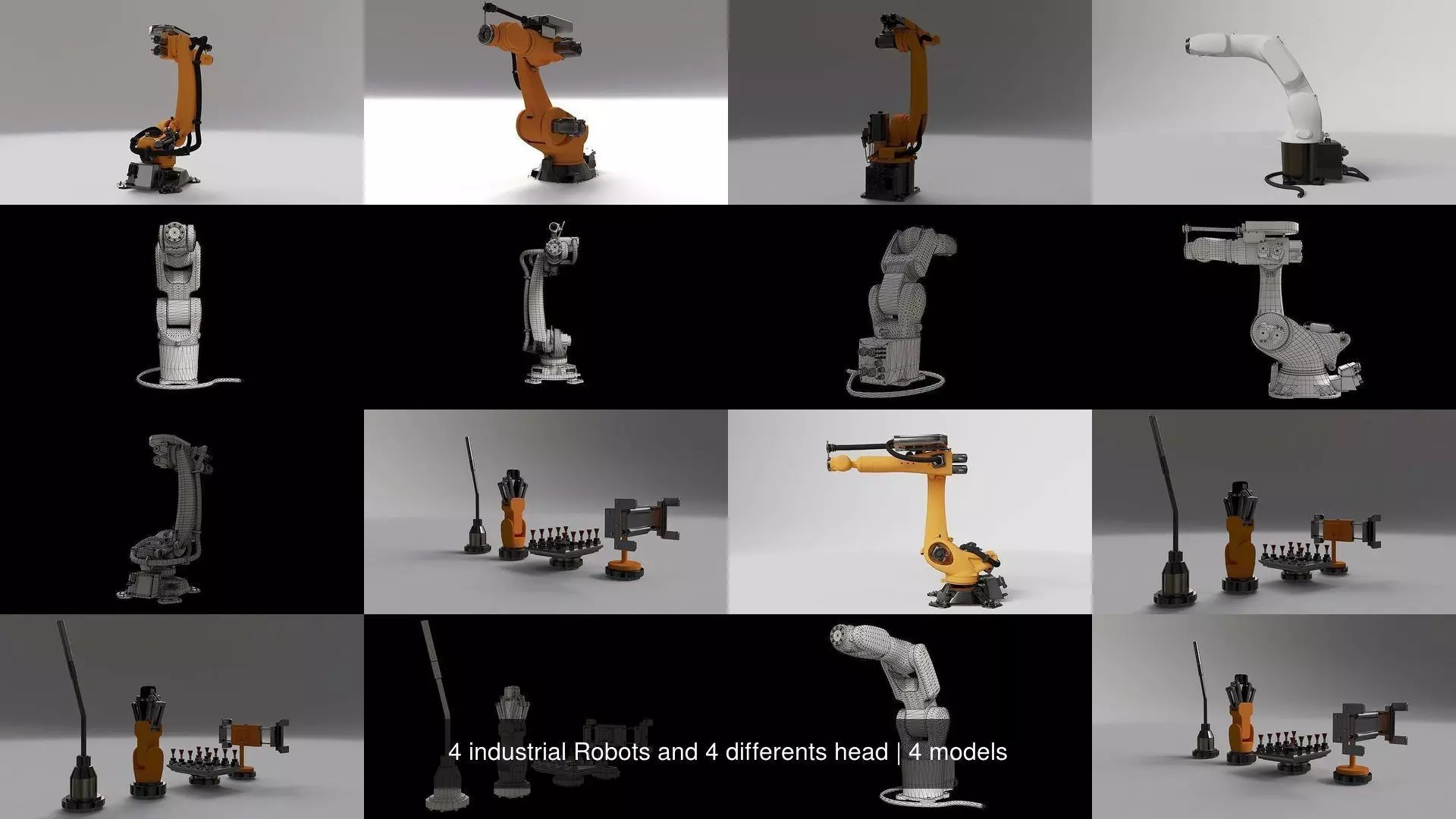 4 industrial Robots and 4 differents head 3D Model Collection_0