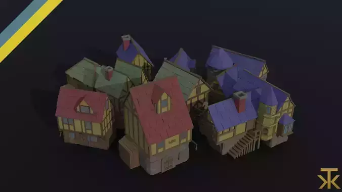 Cartoon fantasy city buildings 2 Polygonal Style Low-poly 3D model
