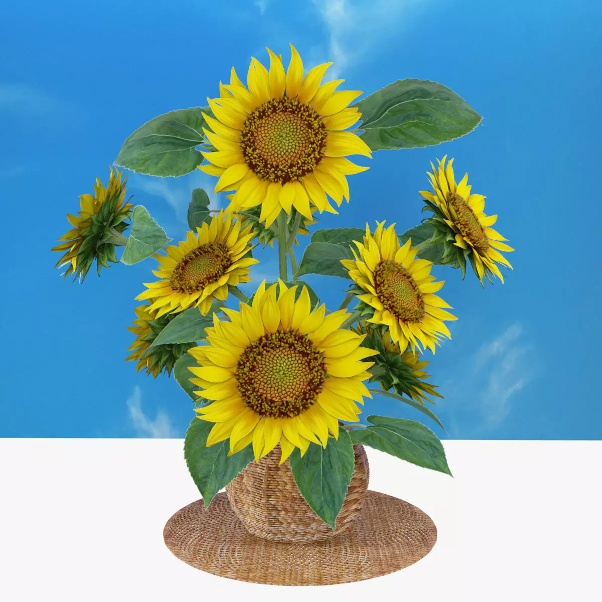 Bouquet of yellow sunflowers with leaves in a basket 3D model_0