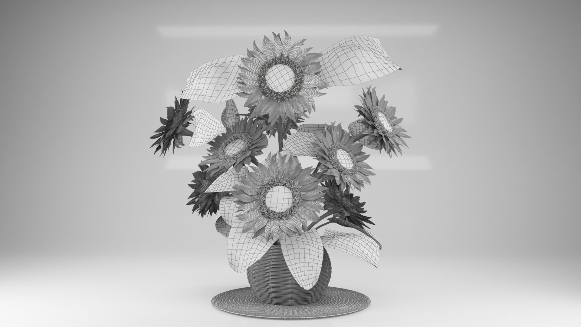 Bouquet of yellow sunflowers with leaves in a basket 3D model_5