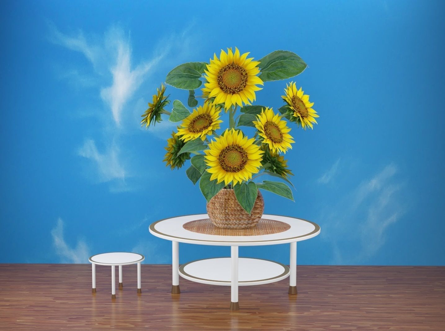 Bouquet of yellow sunflowers with leaves in a basket 3D model_4