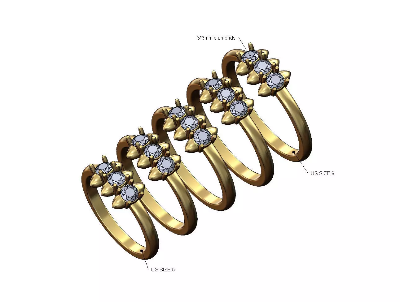 Spiked triple stone diamond ring 3D print model