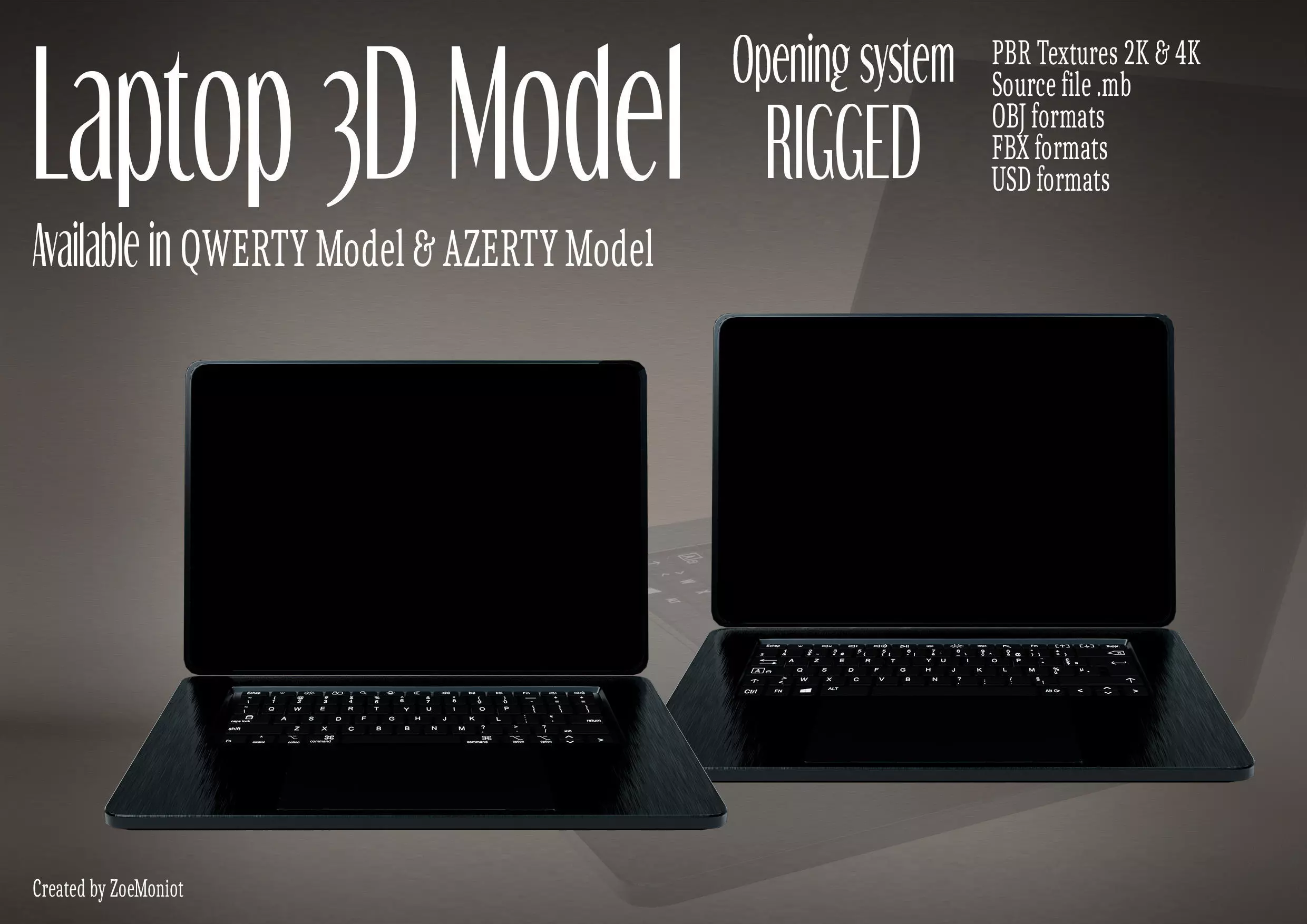 Laptop 01 - Opening System RIGGED - 3D model