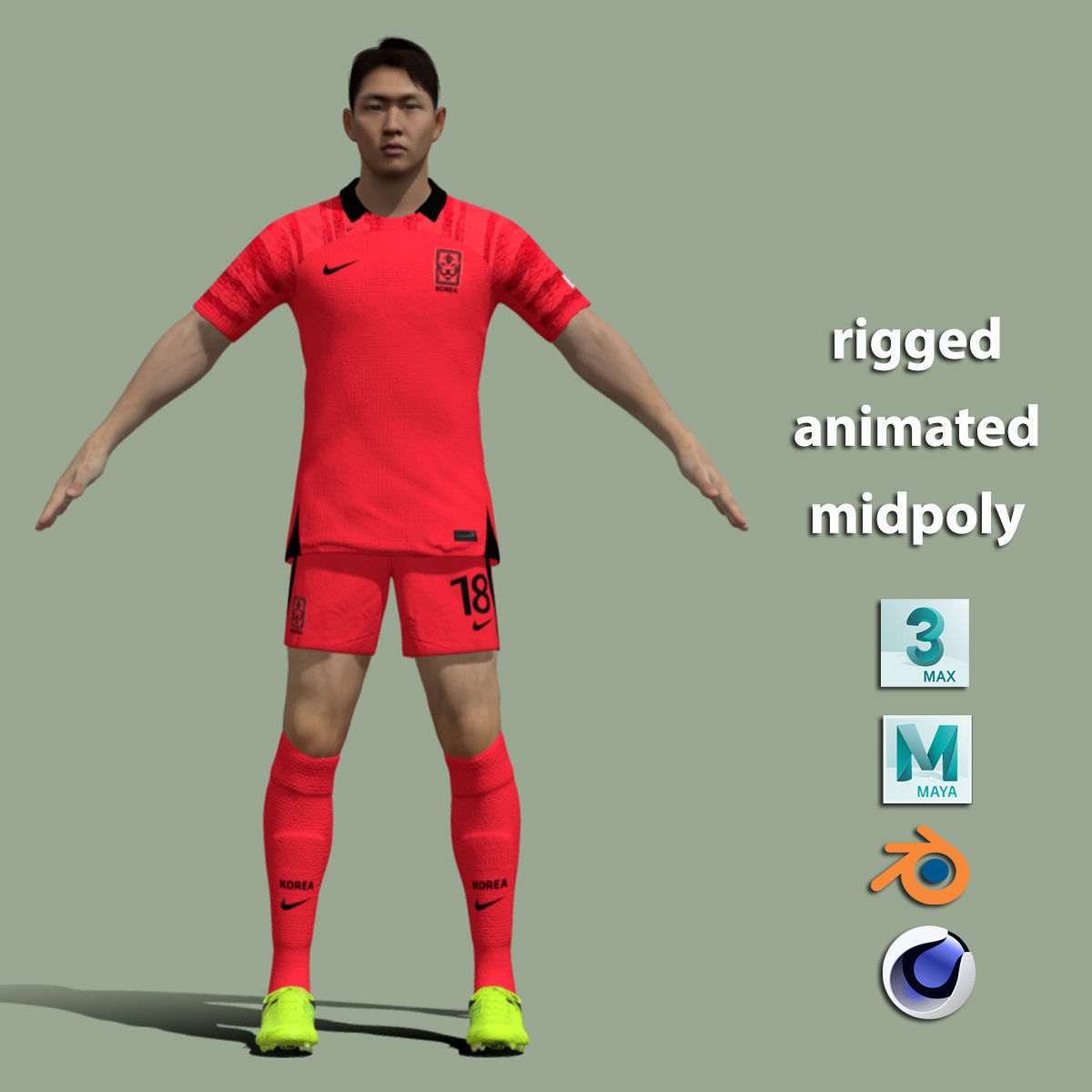 T-Pose rigged Lee Kang-In South Korean national jersey 3D model_3