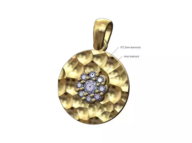 Diamond cluster hammered coin pendant with bail