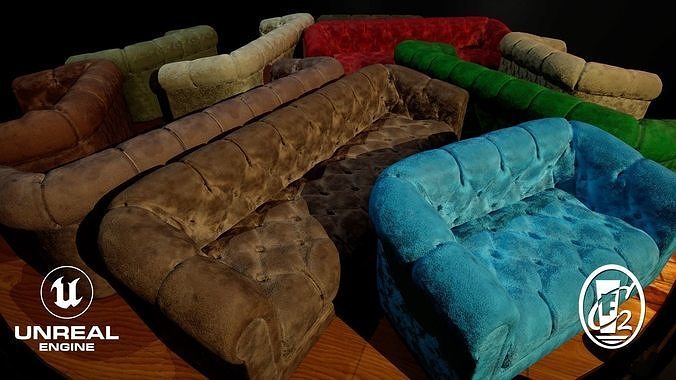 Sofa Loveseat set with variety of  Velvet Textures Low-poly 3D model