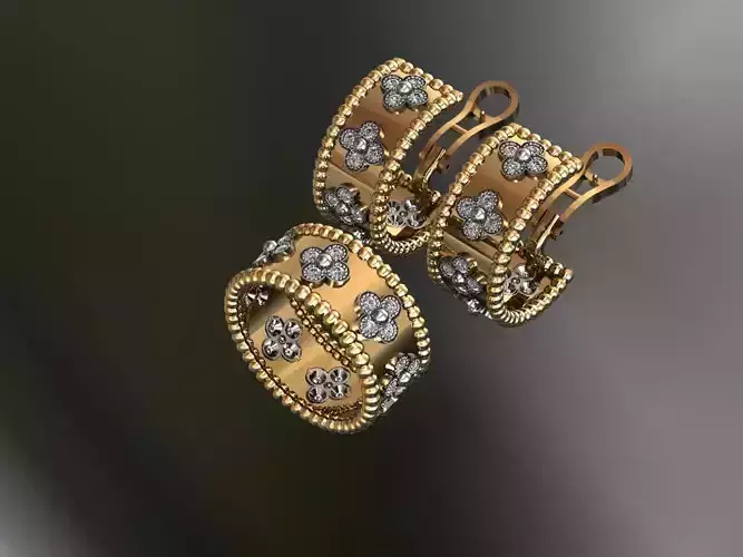 Set Ring earring Van cleef 3 Perlee clover