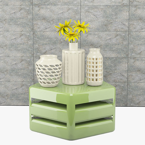 Yellow flowers with vases on the table 3D model