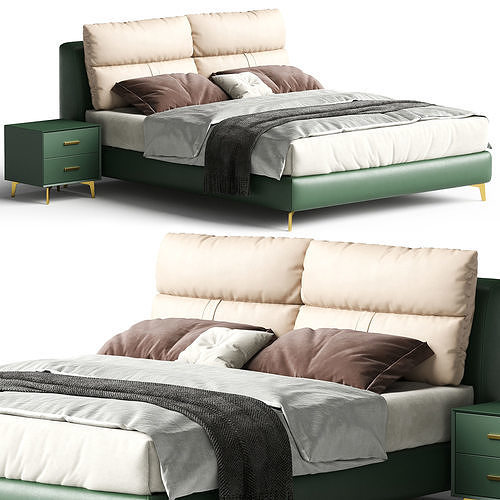 Green Modern Wood and Upholstery Panel Bed 3D model