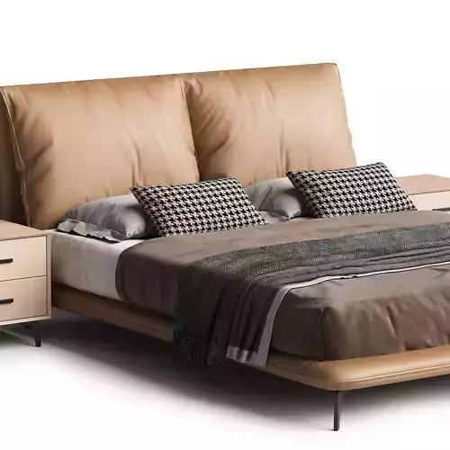 Modern Low Profile Panel Bed Genuine Leather