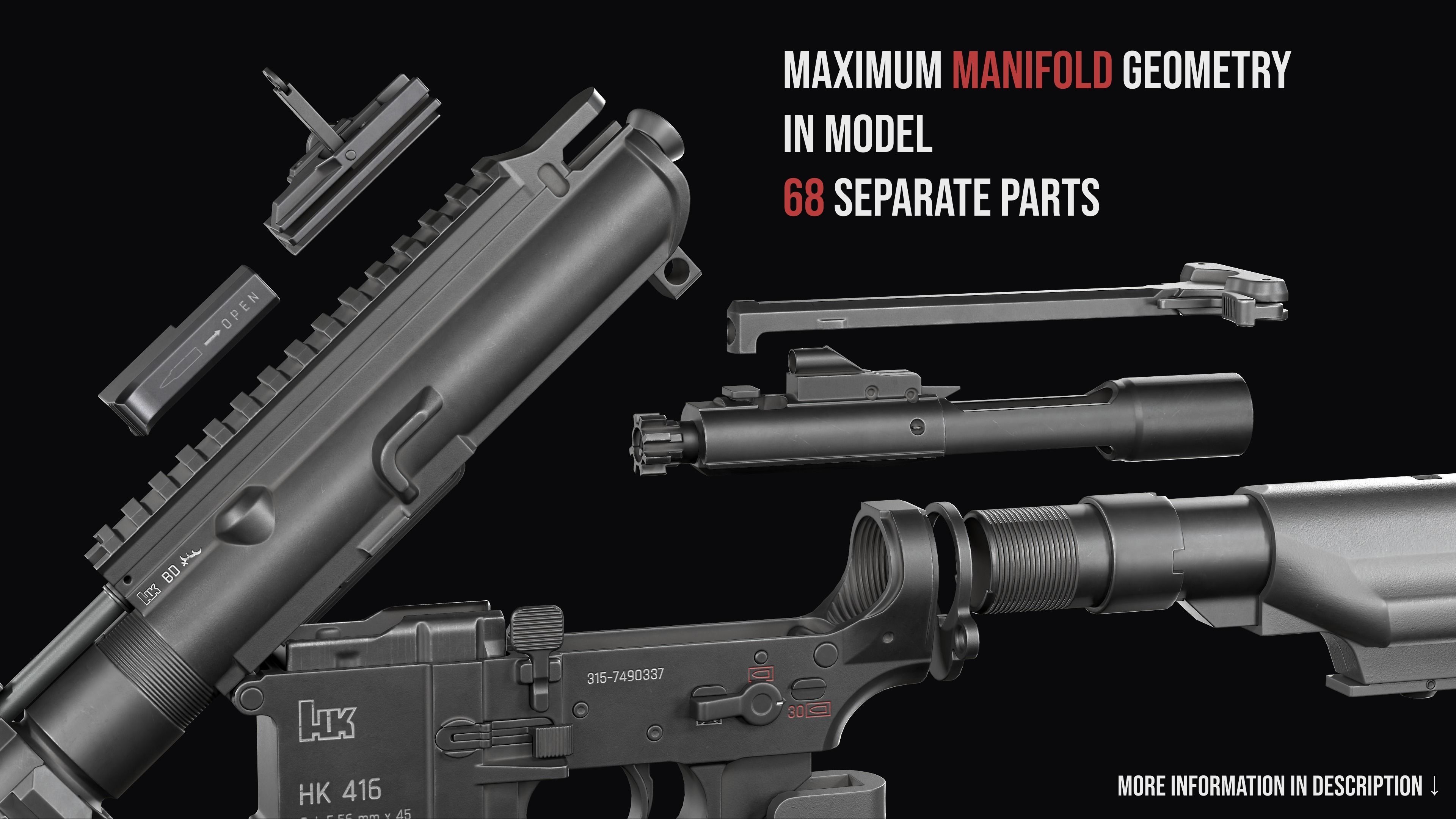 Modular assault rifle AR-15 HK416  Low-poly 3D model_4