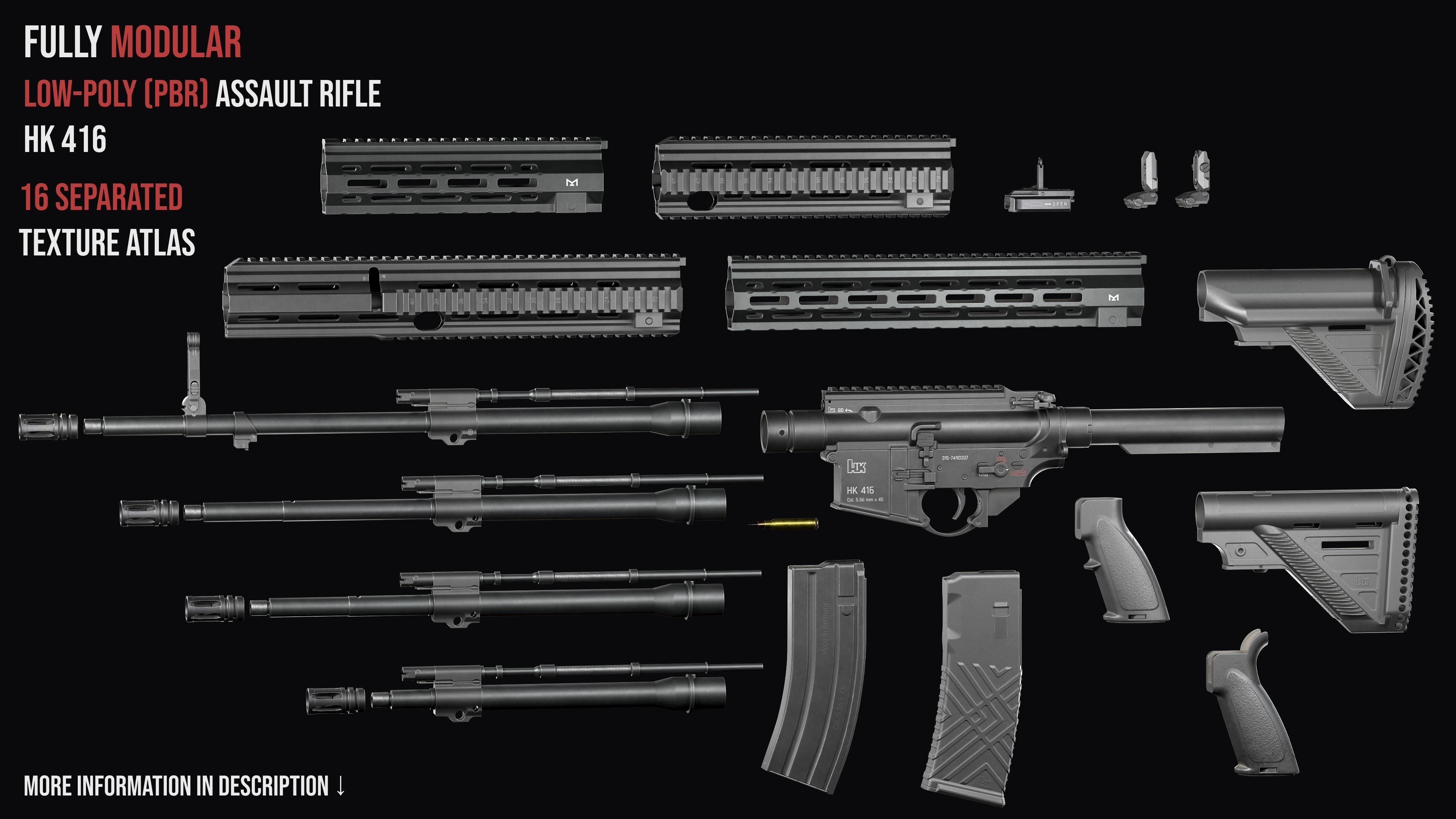 Modular assault rifle AR-15 HK416  Low-poly 3D model_3