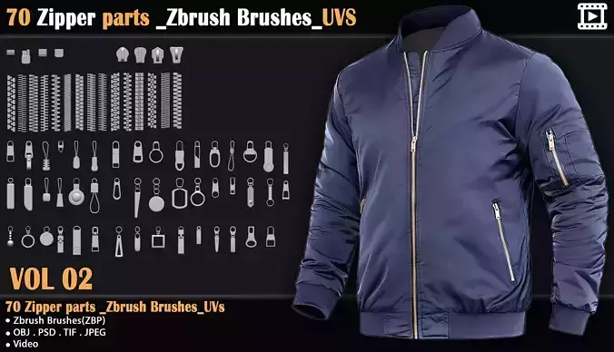 70 Zipper parts-Zbrush Brushes-UVS-VOL 02 3D model