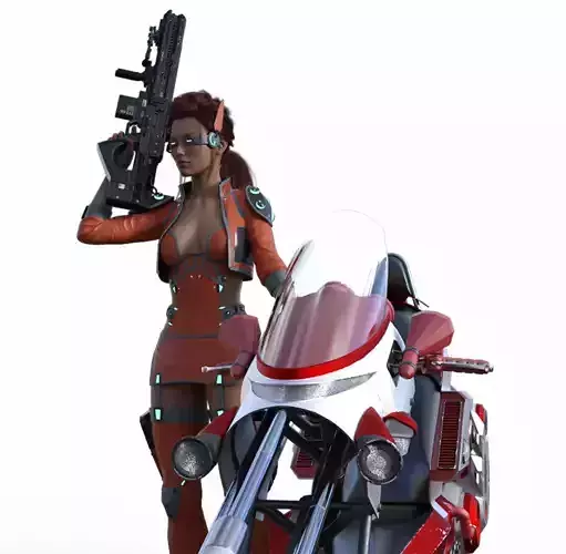 Cyberpunk Girl with bike - Rigged 3D model