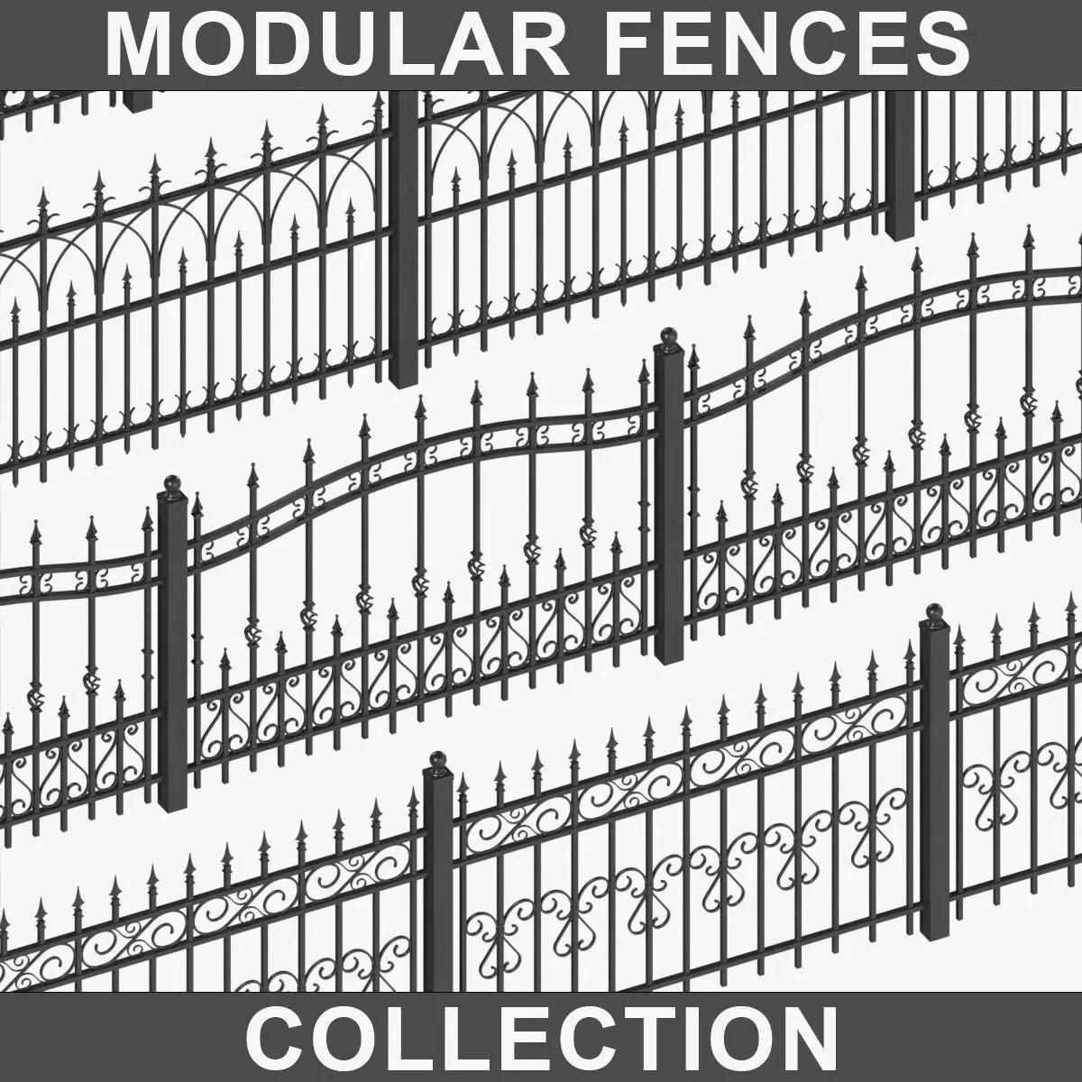 IRON MODULAR FENCES SET VOL 1 Low-poly 3D model
