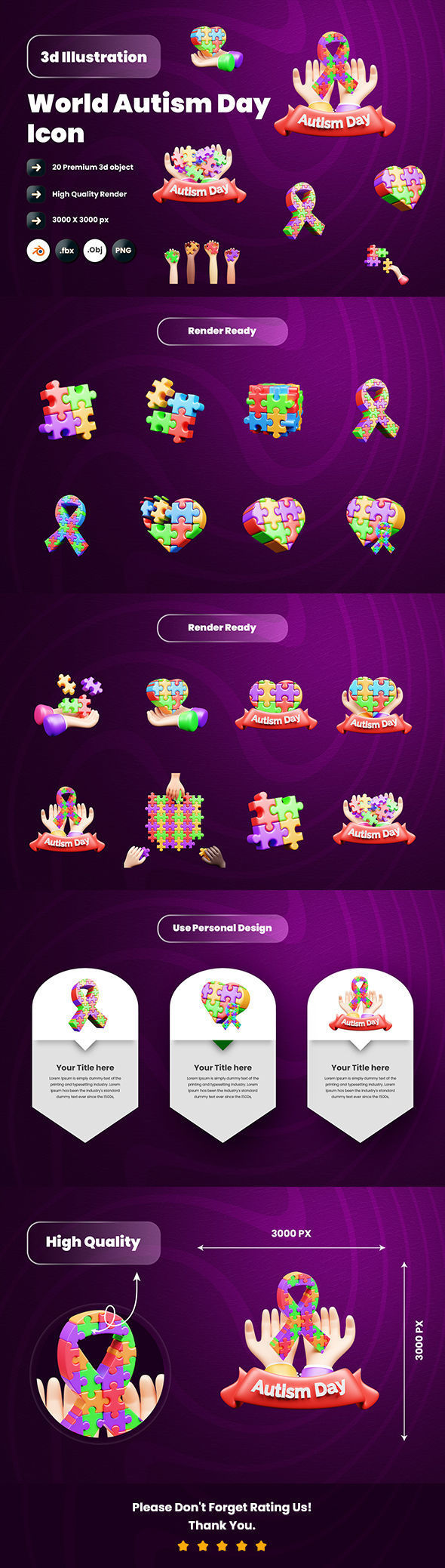 World Autism Awareness Day 3d Illustration Icon Pack 3D model_5