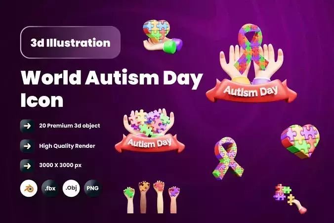 World Autism Awareness Day 3d Illustration Icon Pack