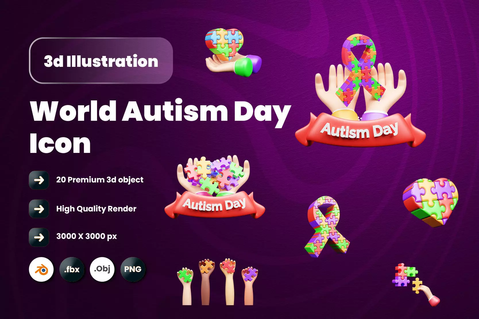 World Autism Awareness Day 3d Illustration Icon Pack 3D model_0