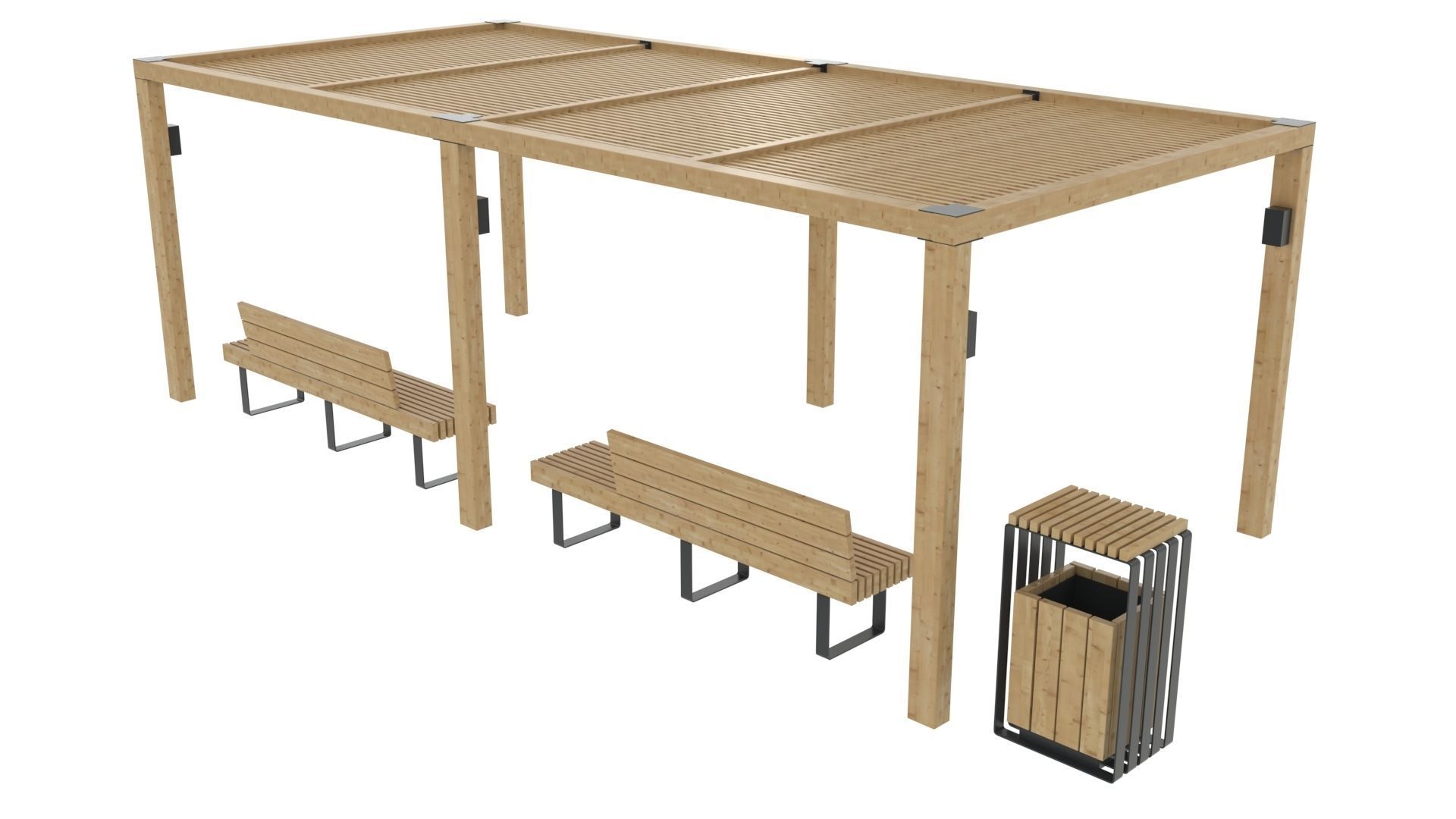 Pergola With Bench and Dustbin 3D model_8