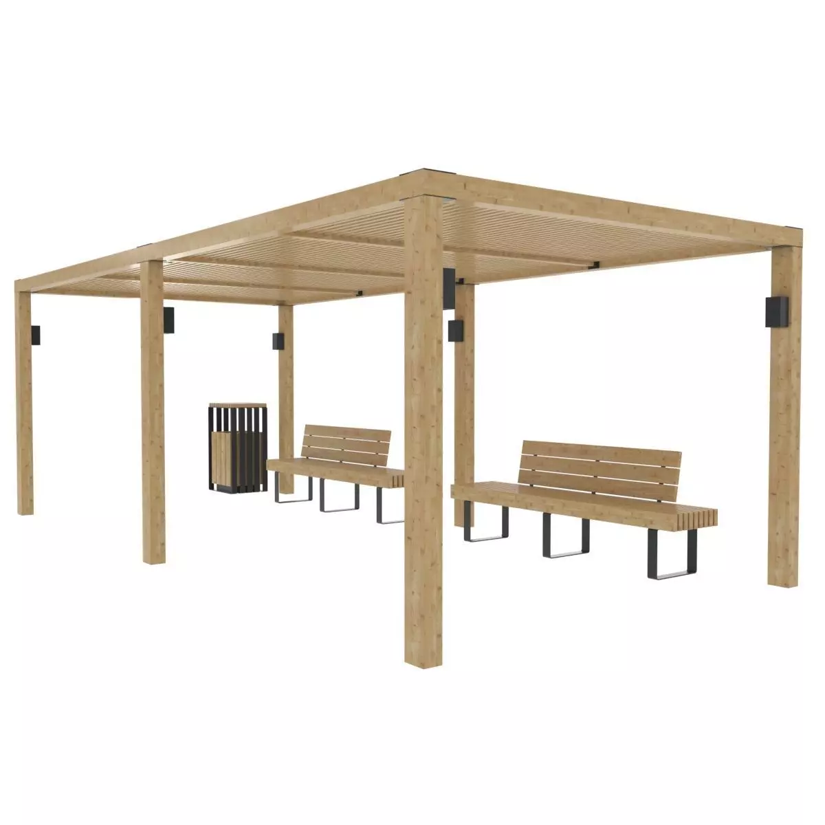 Pergola With Bench and Dustbin 3D model_0