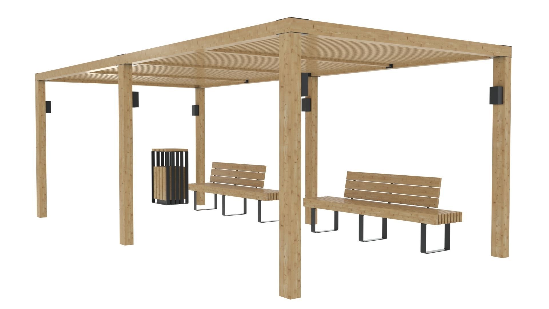 Pergola With Bench and Dustbin 3D model_6