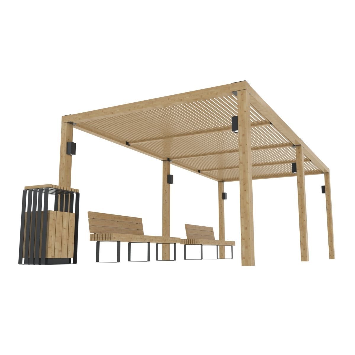 Pergola With Bench and Dustbin 3D model_1
