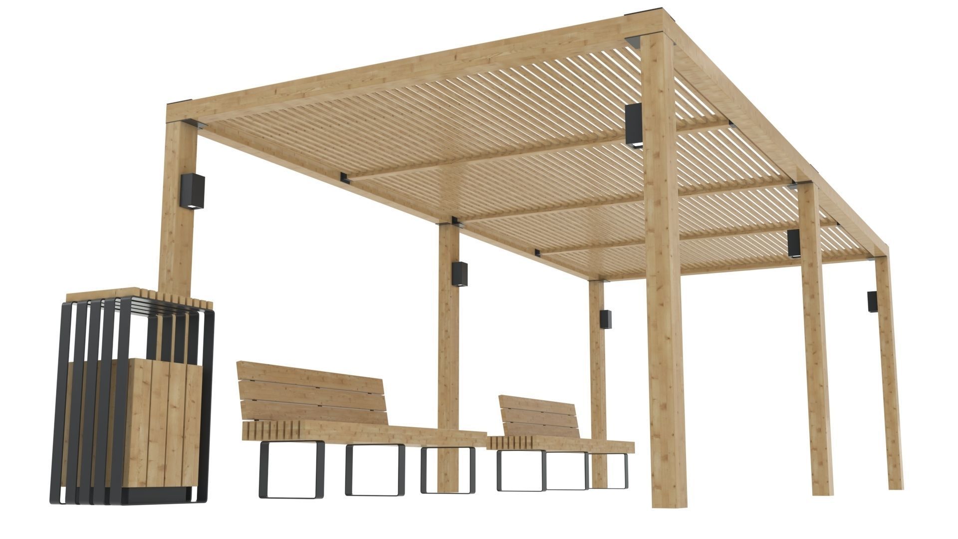 Pergola With Bench and Dustbin 3D model_3