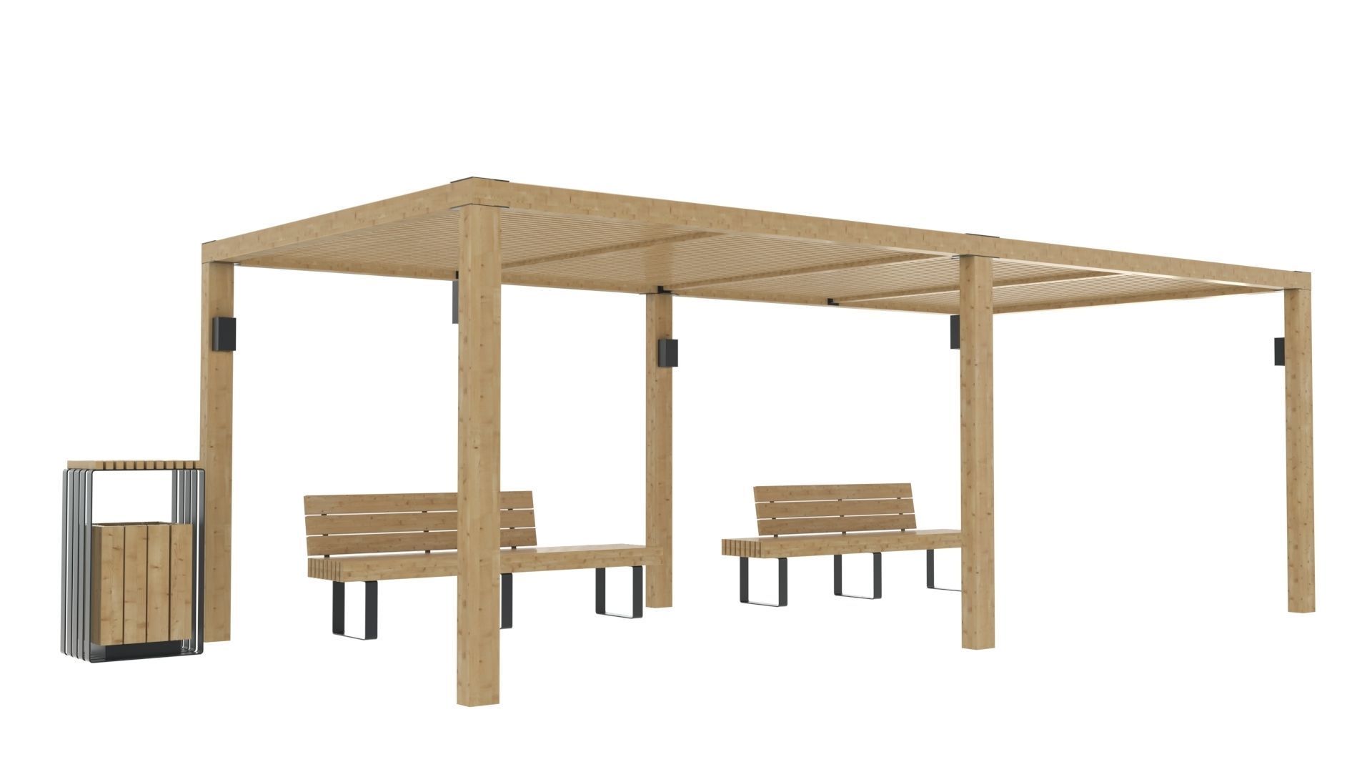 Pergola With Bench and Dustbin 3D model_4