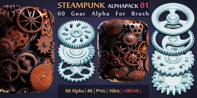 SteamPunk Alpha Pack 01 - 60 Gear Brush - 4k PNG 16bit - SBSAR Texture