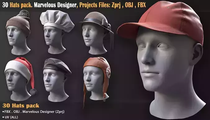 30 Hats pack- Marvelous Designer