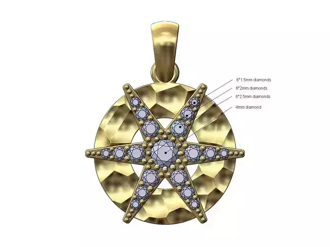 Round diamond star cluster hammered coin pendant with bail