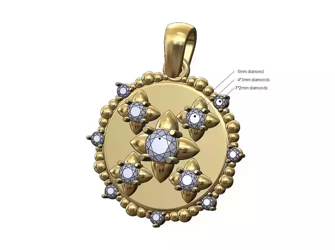 Beaded diamond spiked settings coin pendant charm
