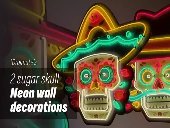 Neon wall decorations with 2 sugar skull patterns