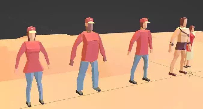 Pizza Employees and Restaurant Low Poly Flat Retro Style