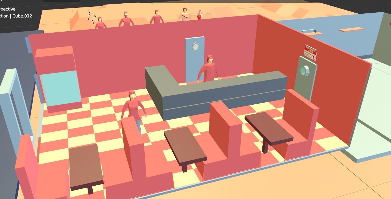 Pizza Employees and Restaurant Low Poly Flat Retro Style 3D model_5