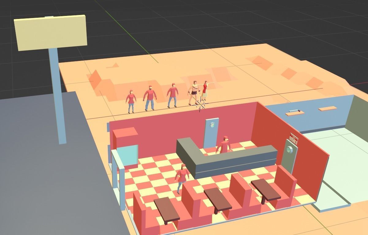 Pizza Employees and Restaurant Low Poly Flat Retro Style 3D model_1